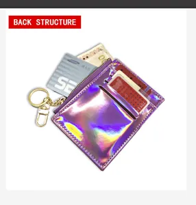 Detailansicht mit Rückseite und Kartenfächern der lila holografischen Geldbörse.