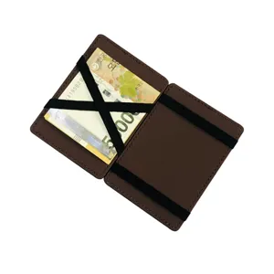 Braune PU Leder Zaubergeldbörse mit Gummibändern, kompakter Kartenhalter für Bargeld und Karten.