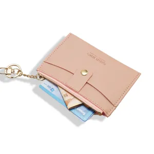 Rosa PU Leder Mini Kartenetui Geldbörse mit Reissverschluss und praktischem Schlüsselring.