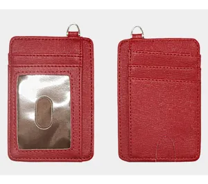 Rotes PU Leder Kartenetui mit klarem ID-Fenster und mehreren Fächern, minimalistisch.