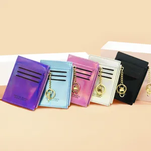 Damen Laser PU Leder Kurze Münztäschchen Mit Reißverschluss Kartenfächer Metall Schlüsselanhänger Doppelseitig Kleine Brieftasche