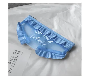 Detailed close-up of cute light blue mesh cosmetic bag with ruffles and creative panty shape.