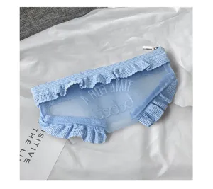 Cute light blue mesh makeup pouch with ruffles, shaped like playful storage bag for daily use.