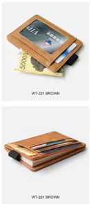 Brown PU leather card wallet holder with elastic band, dual view product detail photography.