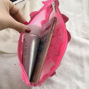 Pink mesh cosmetic bag cute zipper storage pouch for women daily makeup organizer travel bag
