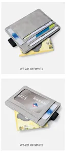 Detailed view of grey PU leather card holder wallet with elastic band and transparent window.