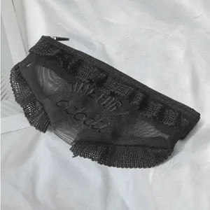 Sexy black lace panties shaped cosmetic pouch mesh ruffle zipper makeup storage bag