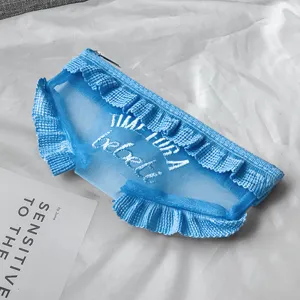 Cute blue lace mesh makeup pouch with ruffled trim, creative underwear shaped cosmetic storage bag.