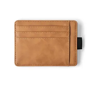 Brown PU leather card holder wallet for men with card slots and elastic band, front view.