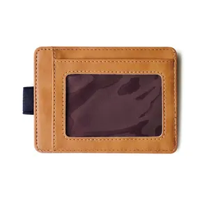 Men PU leather card holder wallet with ID window and elastic band brown minimalist style