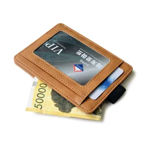 Men minimalist PU leather card holder wallet slim ID window credit card case brown pocket