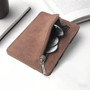 Portefeuille homme en cuir mat zippé porte-monnaie étui à cartes compact élégant