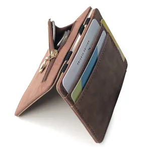 Portefeuille magique homme en cuir mat avec poche monnaie zippée et fentes cartes marron