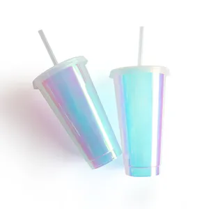Holographic 24OZ PP plastic straw cup, iridescent reusable coffee cup for gifts and drinks.