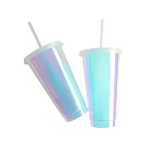 Reusable 24oz iridescent holographic plastic cold cup with lid and straw for coffee and drinks.