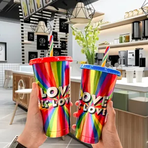 Nahaufnahme der 24oz Regenbogen Laser Plastik Wasserbecher Set mit buntem Strohhalm.