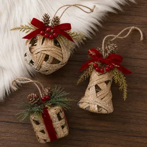 Detailed shot of Christmas woven rattan hanging ornaments with velvet bows and pine cones.