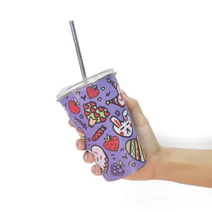 Stainless steel tumbler with straw, cute cartoon pattern cold drink cup for outdoor camping.