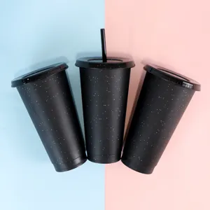 Vaso reutilizable de plástico negro mate con pajita, taza de bebidas de 710ml.