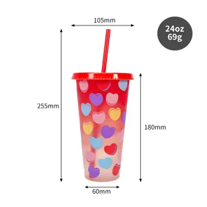 Tasse en Plastique Changeant de Couleur à Froid de la Saint-Valentin Grande Capacité Gobelet à Paille Réutilisable Bouteille d'Eau