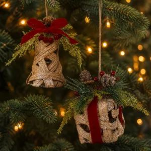 Christmas woven rattan hanging ornaments with red bow pine cones and berries for holiday decor