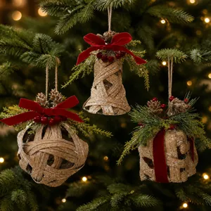 Christmas rattan woven hanging ornaments set with red velvet bows and pine cones for tree.