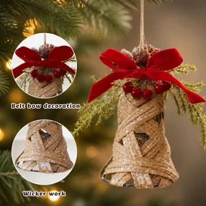 Christmas woven wicker bell hanging ornament with red velvet bow for festive indoor decor.