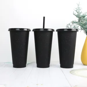 Vaso con Pajita de Plástico PP Creativo Negro Mate Cambio de Color Con Tapa y Pajita Para Oficina Hogar