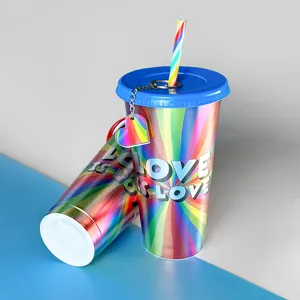 24oz Regenbogen Laser Kunststoff Trinkbecher Set mit Strohhalm und Herz Schlüsselanhänger