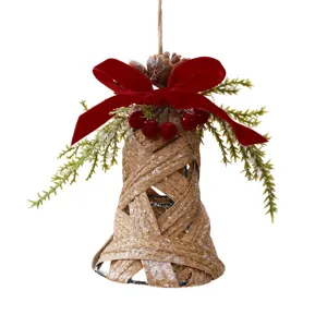 Christmas woven rattan bell hanging decoration with red bow for holiday indoor decoration