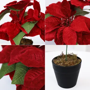 Red velvet poinsettia Christmas potted plant detail view, artificial flower indoor decor.