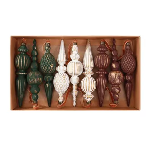 Set of 9 vintage spindle Christmas ornaments in green, white, and burgundy colors.