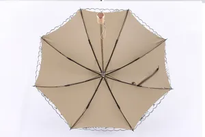Elegant double layer embroidered sun umbrella with lace trim and solid wood handle for UV protection.