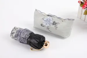 Vue détaillée du parapluie pliant élégant avec broderie en dentelle et pochette grise.