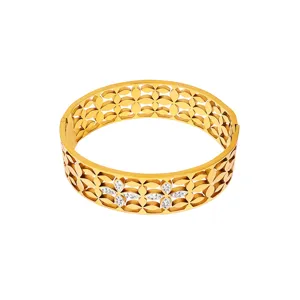 Gold stainless steel wide hollow clover bangle bracelet with sparkling crystal inlay fashion.