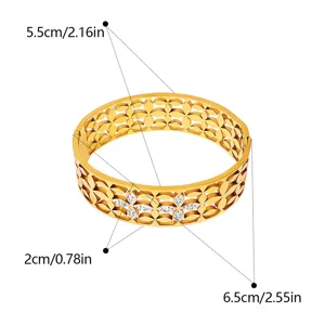 Classic stainless steel rhinestone hinged wide hollow clover bracelet detail view