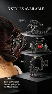 Gothic metal hair claw clip featuring spider, bat, and skull styles for edgy women's hairstyles.