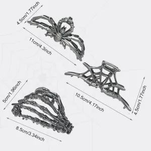 Gothic alloy hair claw detail showing size dimensions for spider and skeleton hand styles.