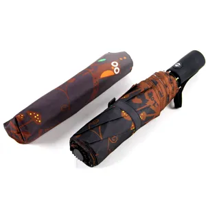 Automatic Folding Polyester Umbrella UV Protection Windproof Creative Owl Pattern Travel Rain Umbrella For Adults