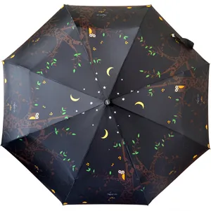 Compact three-fold automatic rain and sun umbrella featuring a cute owl and night tree pattern.