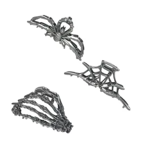 Gothic metal hair claw clip set featuring spider and skeleton hand design for women daily wear.