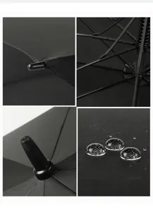 Close-up of black golf umbrella showing durable ribs, waterproof fabric, and sturdy joints.