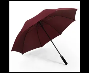 Premium wine red golf umbrella with sturdy straight handle and full-fiber ribs for wind resistance.