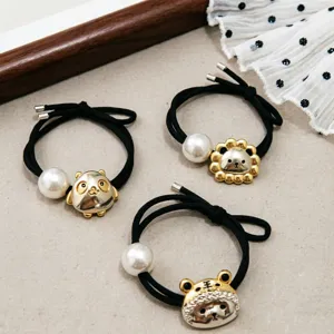 High Elastic Hair Rope With Artificial Pearl Alloy Animal Pendant Panda Lion Tiger Rhinestone Hair Ring For Women Jewelry