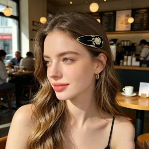 French vintage black enamel rose hair clip elegant gold side hairpin for women and girls style.