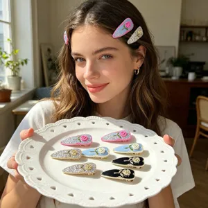 French Vintage Rose Lacquer Hair Clip Elegant Enamel Flower Rhinestone Bobby Pin Alloy Side Clip Jewelry For Women Girls