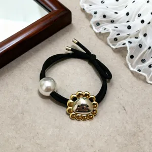 Elegant black hair tie with pearl and cute gold bear charm for women daily hair styling
