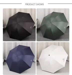 Minimalist three-fold sunscreen UV protection umbrella with black glue coating in four colors.