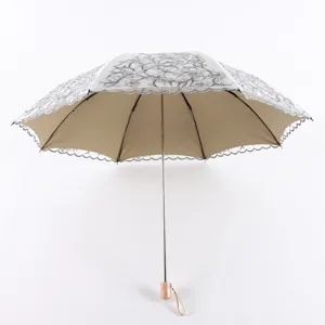Elegant double layer lace embroidered sun umbrella with wooden handle UV protection.