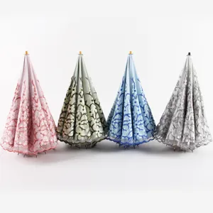 Four colors double-layer embroidered lace sun umbrella with solid wood handle for women.